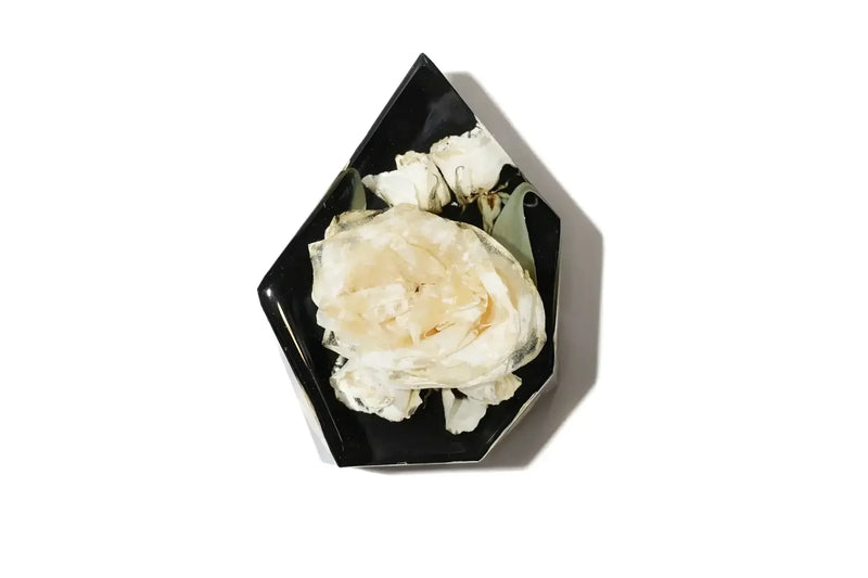 custom resin flower block with black background and white flower