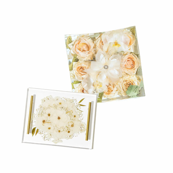bridal flowers in resin bouquet block and resin serving tray