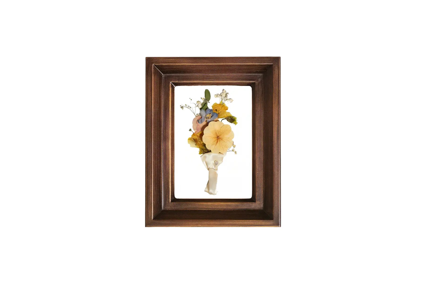 Sunset Gold rectangle small wooden frame displays wedding boutonniere with orange and pink flowers.