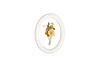 Linen White rounded wood frame displays orange and white groom boutonniere.