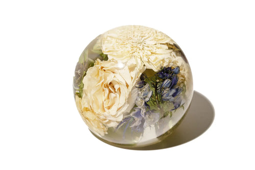 XL 8 inch glass sphere with preserved white carnation flowers in clear resin