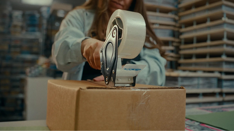 Person using a tape dispenser on a cardboard box in a warehouse setting