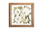 Pressed flower frame with teak stain wood and white bouquet of wedding flowers in a floating design