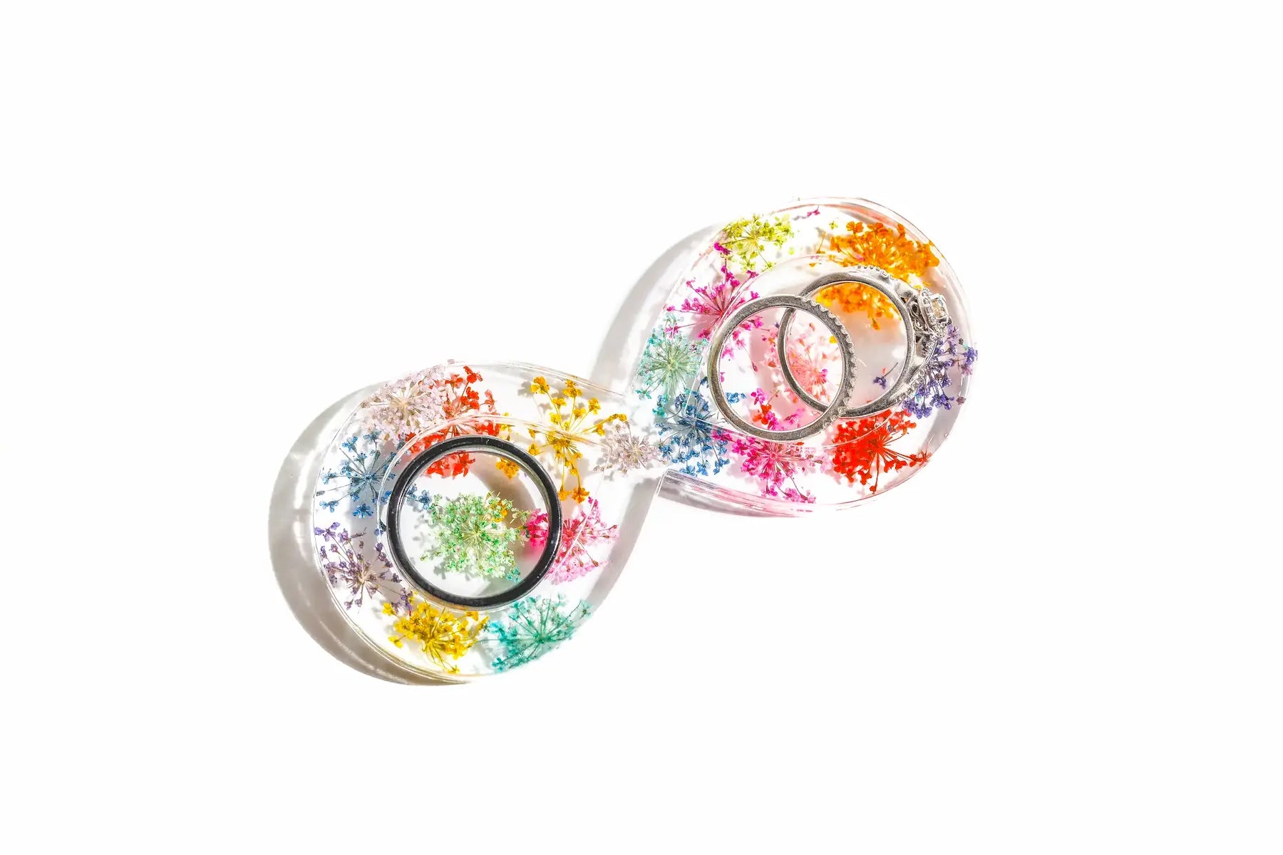 Infinity Ring Holder Dish made with colorful wedding bouquet flowers preserved in resin.