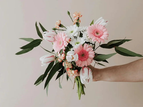 Bouquet of pink, white, and green flowers held by a hand against a plain background