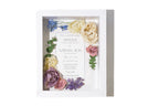 Wedding invitation with preserved flowers in a decorative shadow box on a white background
