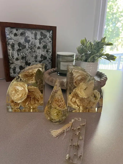 Bouquet block bookends in a bundle that includes a bookmark and ring holder