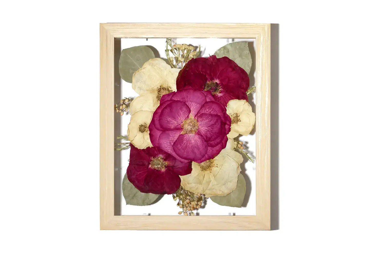 Floating preserved and pressed flowers in an 8x10 natural brown handmade wood frame