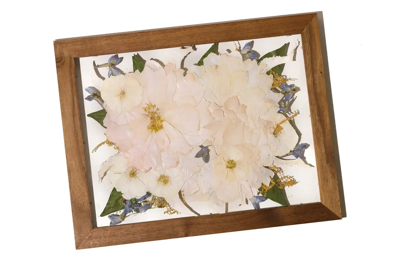 16x20 brown handmade wooden frame with white wedding flowers in a floating design