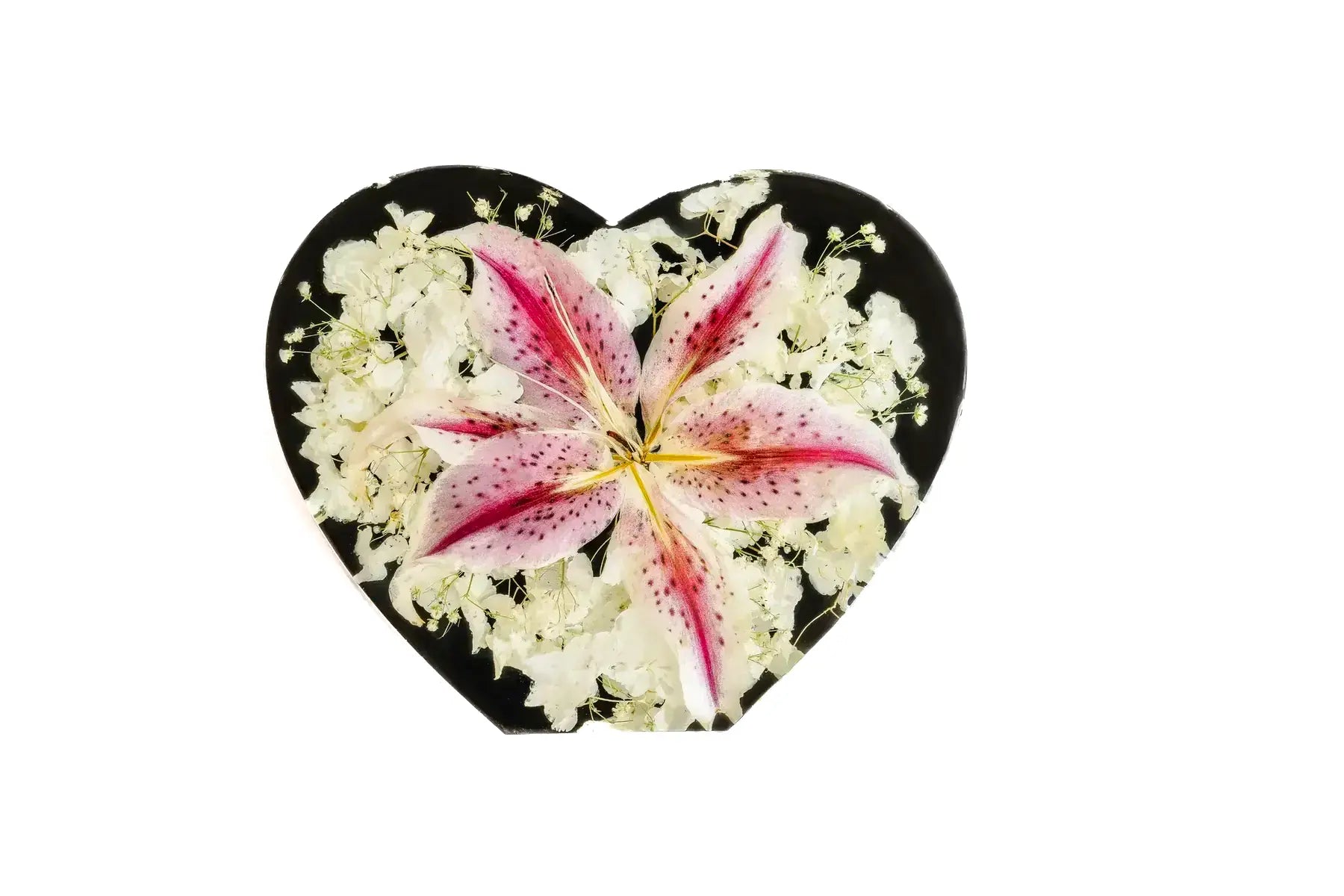 Heart shaped resin block in 7x8 inch size with black resin preservation and large flower center set.