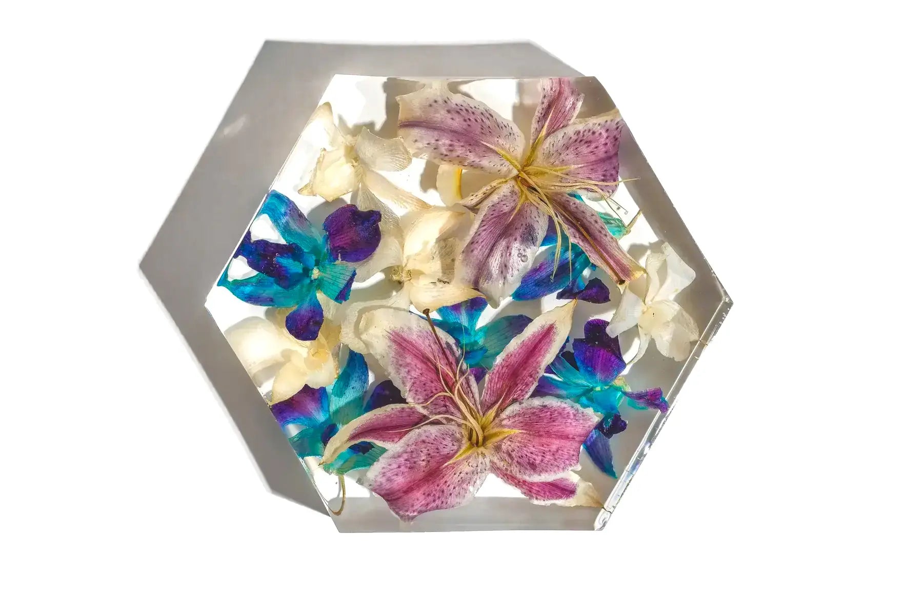 A 8 inch medium sized hexagon bouquet block featuring resin preserved lillies.