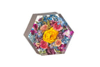 Large 11 inch hexagon bouquet block with resin preserved wedding flowers in purple and gold.