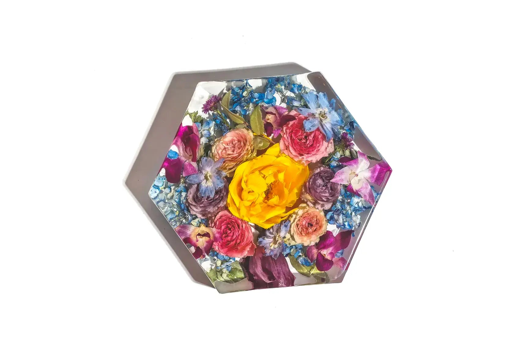 Large 11 inch hexagon bouquet block with resin preserved wedding flowers in purple and gold.