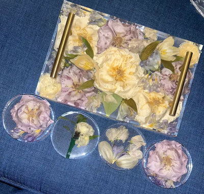 Large resin tray with wedding bouquet and four resin coasters with single blooms