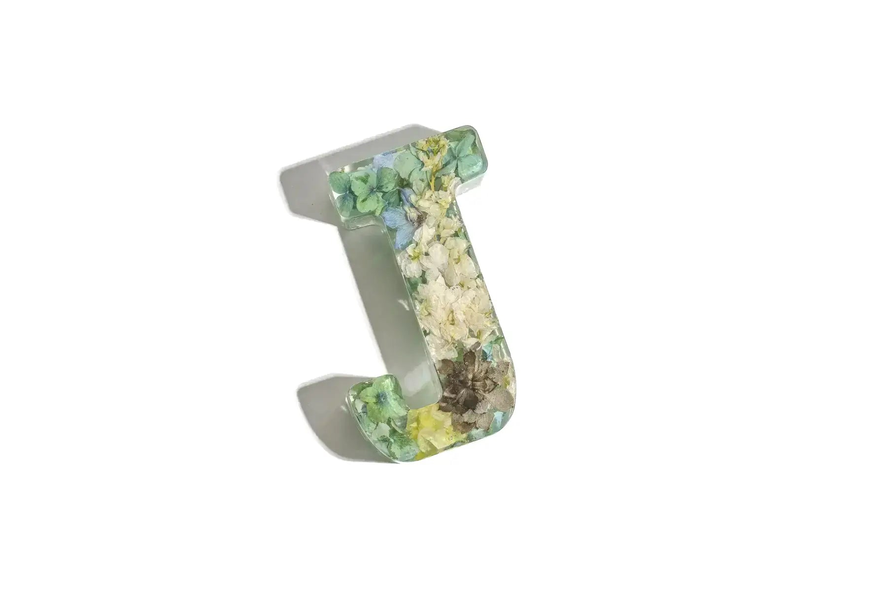 Decorative letter 'J' with springtime florals preserved with resin