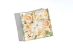 Medium square bouquet block with roses and custom ribbon featuring the names of the bridal couple
