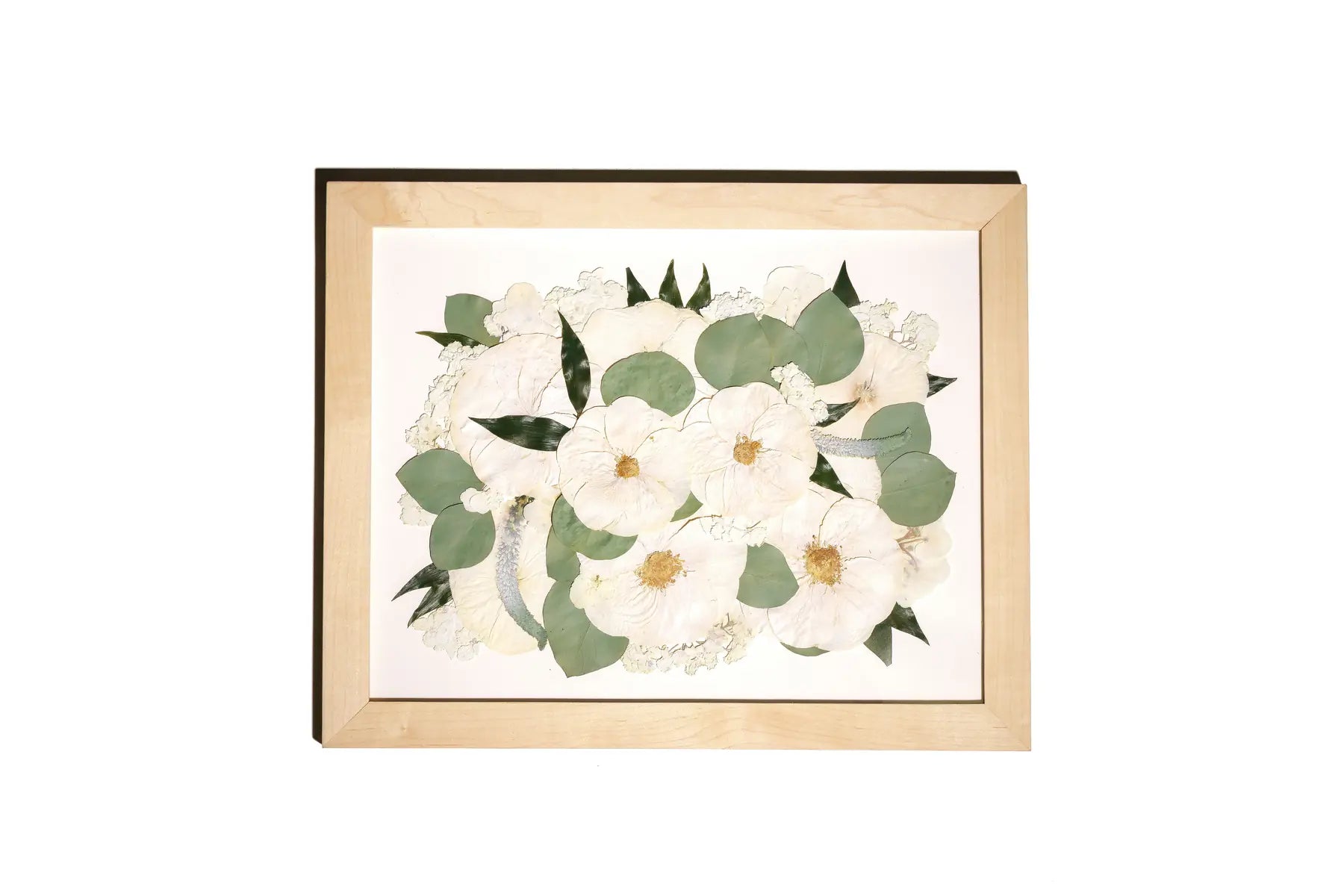 Pressed frame with preserved white and green wedding bouquet flowers made for couple in Philly