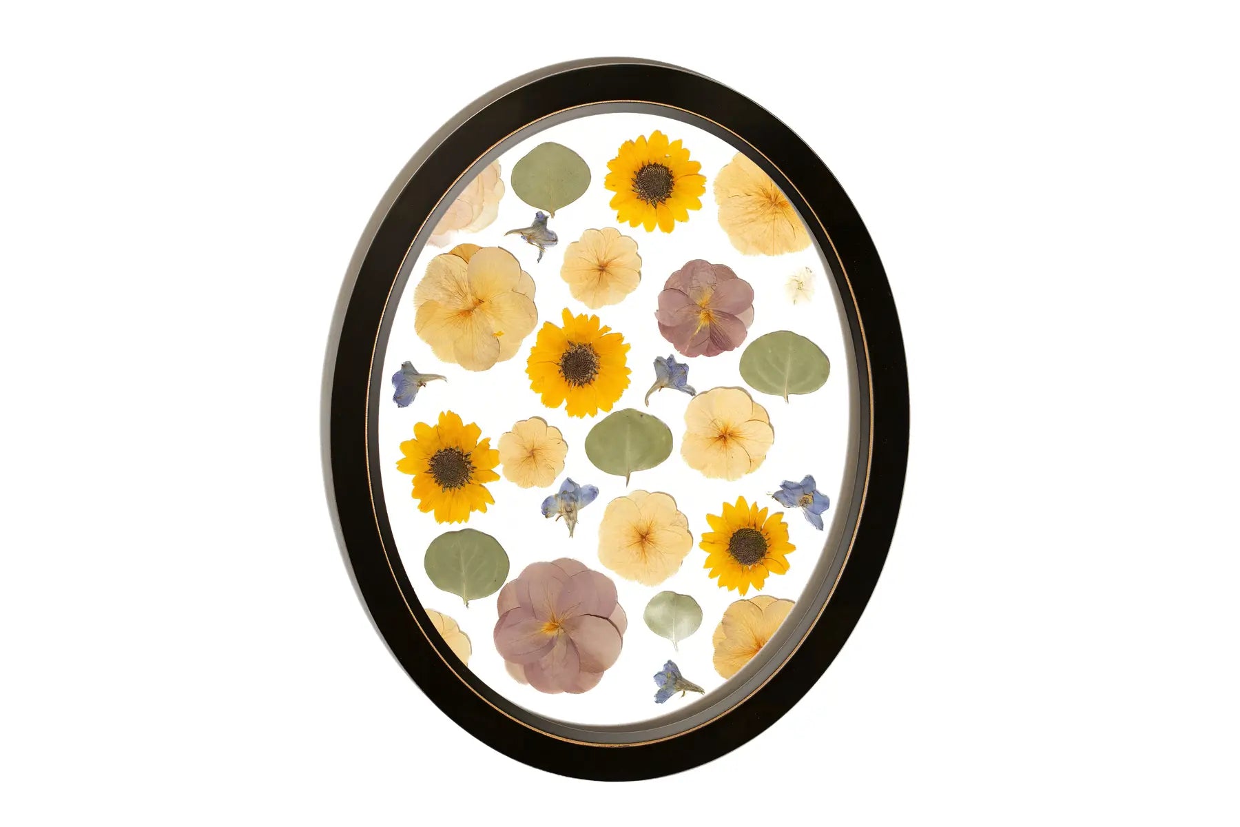Autumnal flowers in a unique design featured in a black oval wood frame