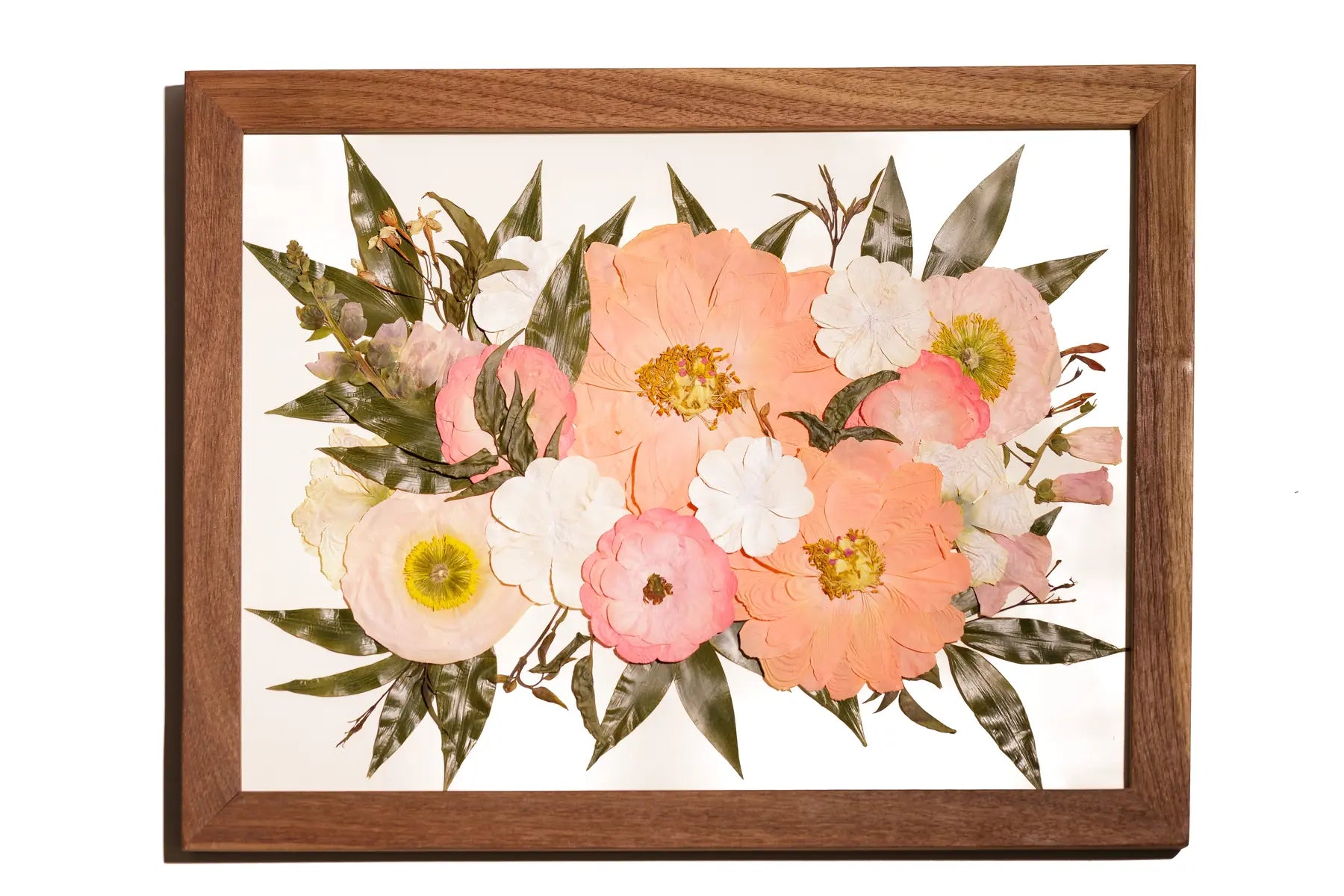 16x20 large pressed frame with peach and white preserved wedding flowers and a white matboard