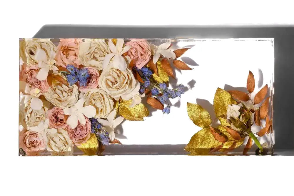 Large 11 inch rectangle bouquet block of clear resin preserving pink roses in a unique and custom design