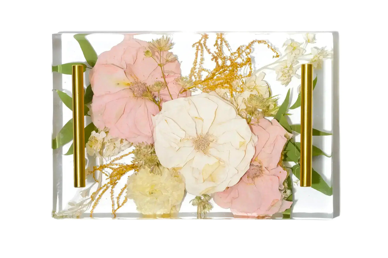 Pink and white gardenas resin preserved in an 8x11 serving tray with gold handles.