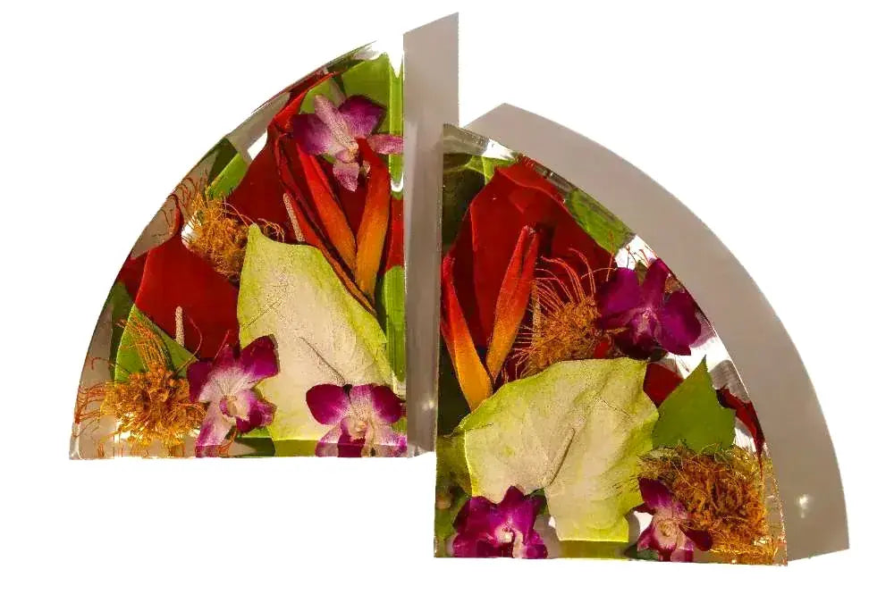 Fall wedding bouquet preserved in two large resin bookends