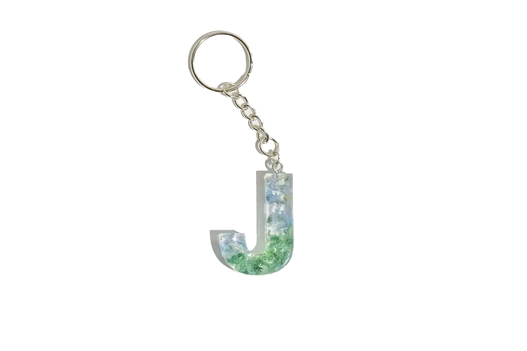 Keychain with letter 'J' with pink and purple flowers preserved in resin