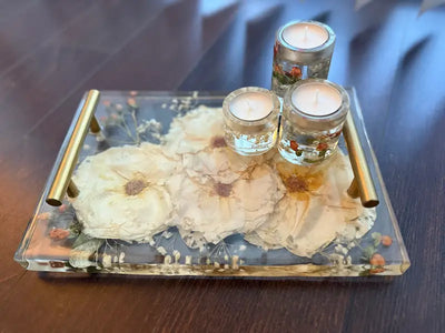 11x14 large resin tray with pressed wedding flowers and resin candle holders