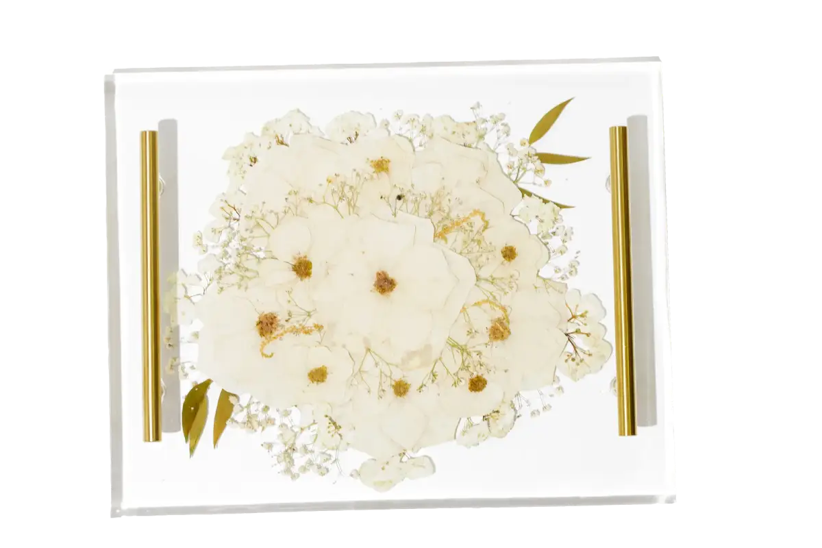 Large resin tray with gold handles featuring bouquet of white anemones