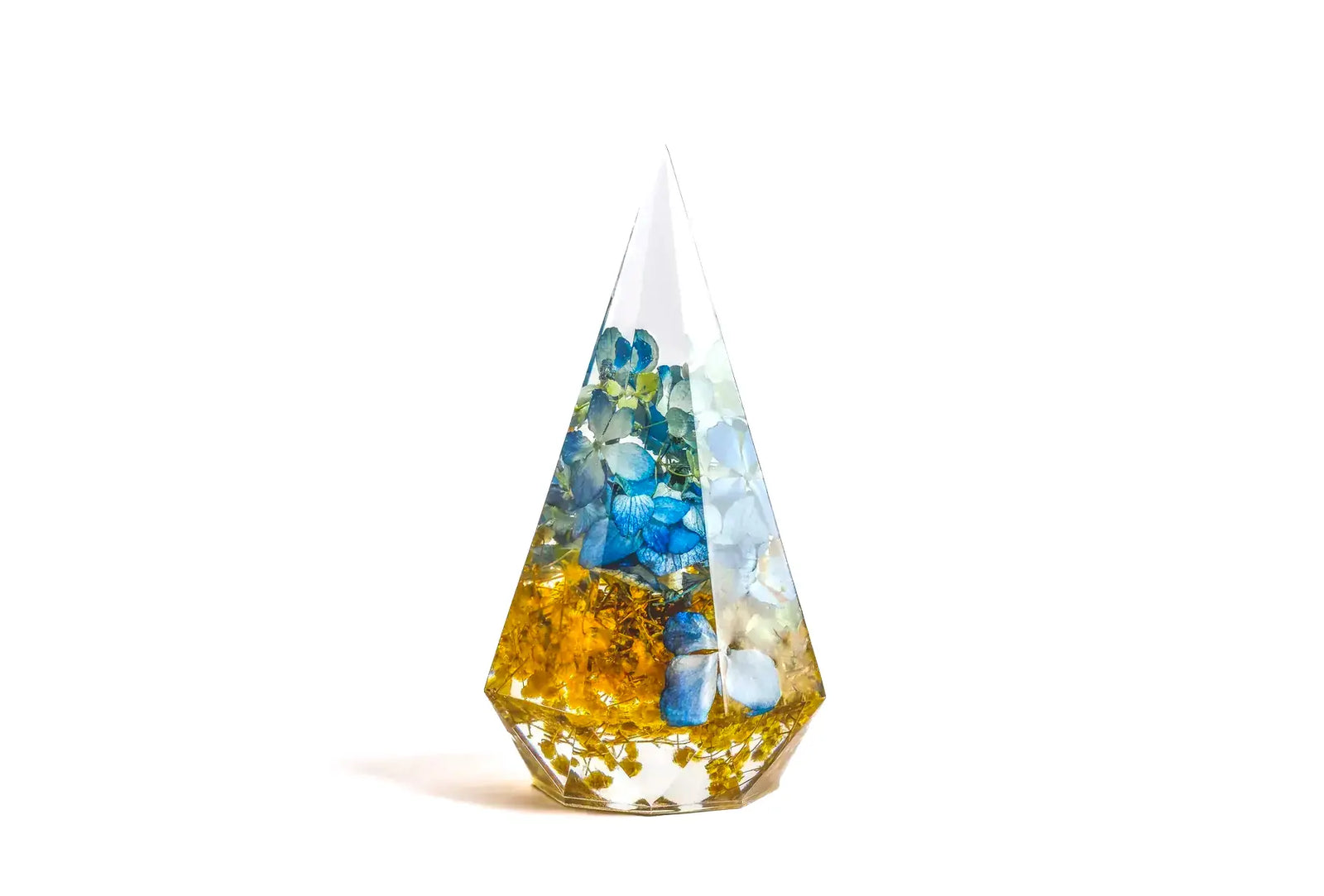 Teardrop-shaped resin ring holder with colorful blue and green bridal bouquet preservation
