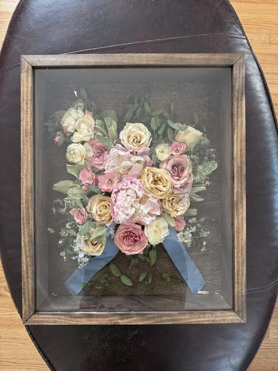 pressed wedding bouquet with white and pink roses in 11x14 wooden shadow box
