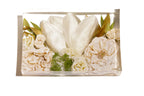Pink roses and tulips preserved in a rectangular resin bouquet block.