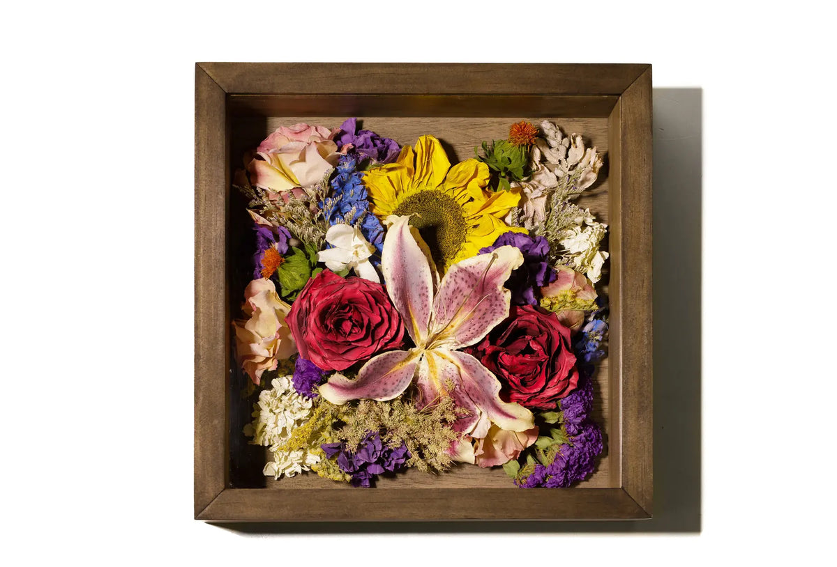 Handmade wood square 11x11 shadow box with autumnal pressed flowers