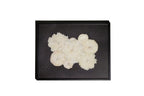 Black matboard and white wedding bouquet in black handmade wooden frame.