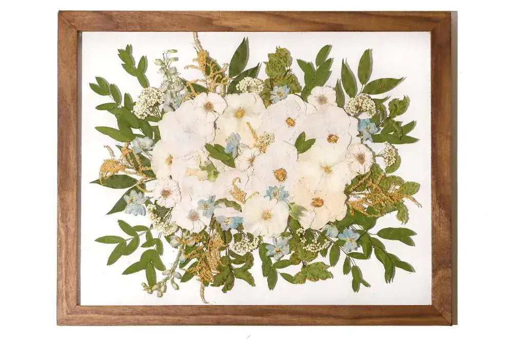 Large pressed flower frame with white wedding bouquet with white matboard