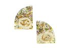 Two small resin bookends featuring preserved white ranunculus flowers